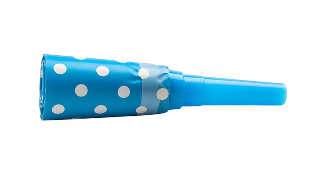 Blue party horn noisemaker with white polka dots for birthday celebration and new years eve festive occasion on transparent background