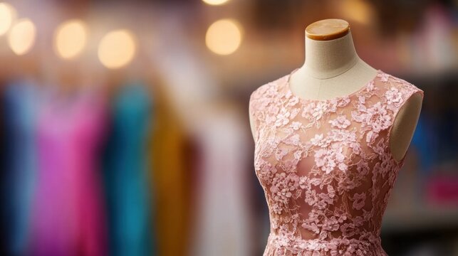 Beautiful pink lace dress displayed in a boutique during daytime