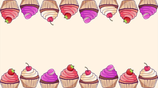Looping animation of cute cupcakes bouncing up and down with cherry, strawberries and macarons on soft background