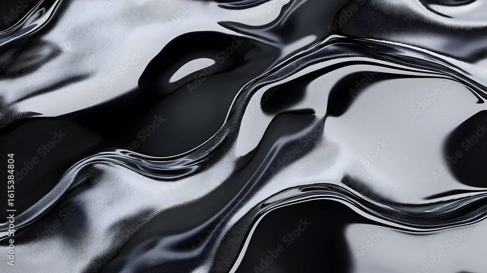 Poster abstract liquid metallic folds in grayscale. deep, flowing shapes create a sense of movement and tex