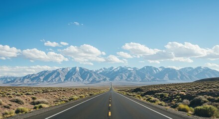 Naklejka premium A long, straight asphalt road stretches towards distant, snow-capped mountains under a bright blue sky.