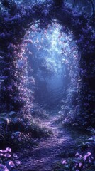 Walking Through Floral Archway in Enchanted Forest at Dusk