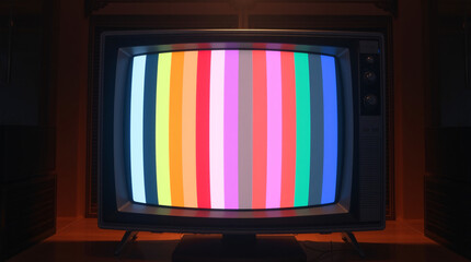 Vintage television screen displaying colorful test pattern bars.