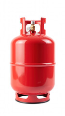 Obraz premium Bright red gas cylinder designed for storing propane or butane, featuring valve and safety gauge. Ideal for outdoor cooking and heating
