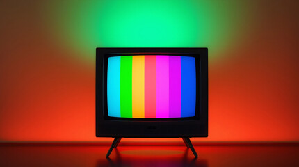 Vintage television screen displaying colorful test pattern bars.