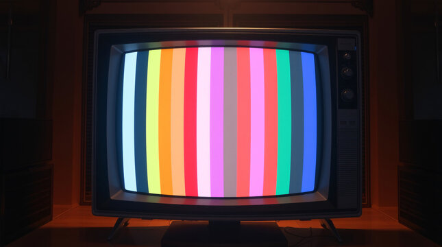 Vintage television screen displaying colorful test pattern bars.