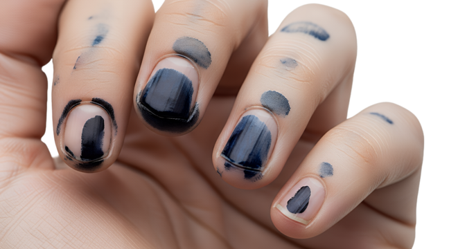 Smudged Black Nail Polish on Fingers, Isolated on Transparent Background