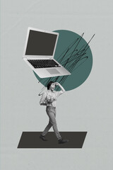 Exclusive artwork banner collage of happy businesswoman businessman freelancer stand laptop device...
