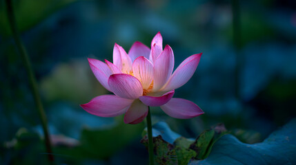 Obraz premium A close up shot of a pink lotus flower in bloom with a dark blurred background