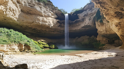 Fototapeta premium Waterfall cascading into a hidden pool, surrounded by beige cliffs and lush greenery