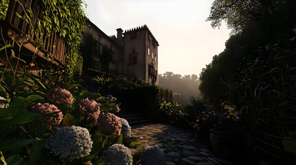 Fototapeta premium A stone pathway leading to a stately building, surrounded by lush gardens and vibrant flowers. Sunlight filters through trees, casting soft shadows