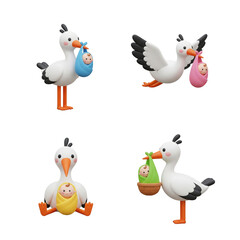 Obraz premium Four storks carrying babies in bundles celebrating new life