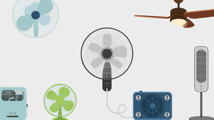 A flat, minimalist illustration of six different electric fans arranged in a horizontal layout against a white background. From left to right  