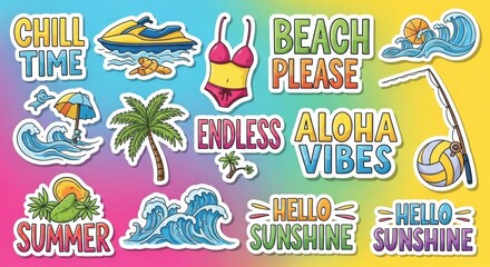Fototapeta premium Vibrant summer themed sticker collection featuring beach activities and tropical elements offering