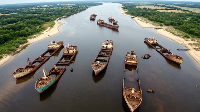 Aerial View of Mallows Bay Ghost Fleet: A Ship Graveyard on the Potomac River History Preservation