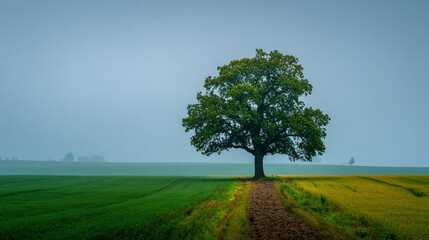 Fototapeta premium A lone tree standing in a field with a path leading to it on a cloudy day