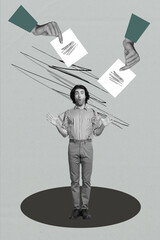 Sketch vertical photo collage of happy businessman businesswoman stand office paper sheet contract...