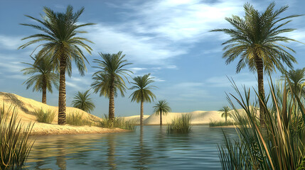 Fototapeta premium Oasis scene with palm trees by a tranquil water source. Sandy terrain, clear water, bright sky, and lush vegetation
