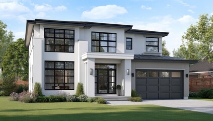 Modern two-story house with clean lines, large windows, and dark accents