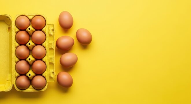 Fresh brown eggs arranged in a carton and scattered on a bright yellow background - Powered by Adobe