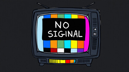 A vibrant stage with colorful lights and fog displaying "NO SIGNAL" on the screen.