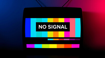 A vintage television screen displaying "NO SIGNAL" with colorful static stripes.