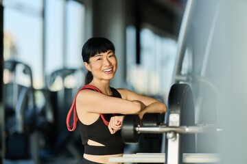 Fit Woman Smiling with Gym Equipment in Modern Fitness Center