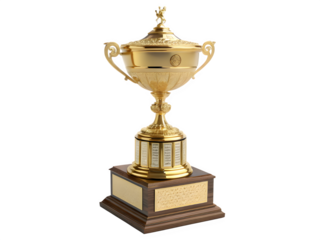 Elegant gold trophy with engraved base on black background