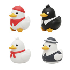 Obraz premium Four adorable rubber ducks dressed in festive and formal attire