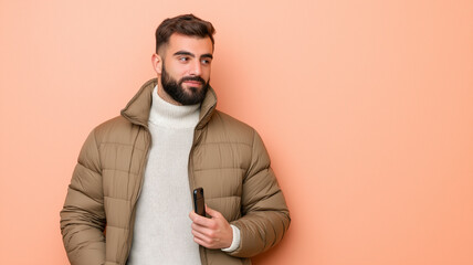 Man with beard wearing brown puffer jacket and holding smartphone stands against peach background, exuding relaxed and thoughtful demeanor
