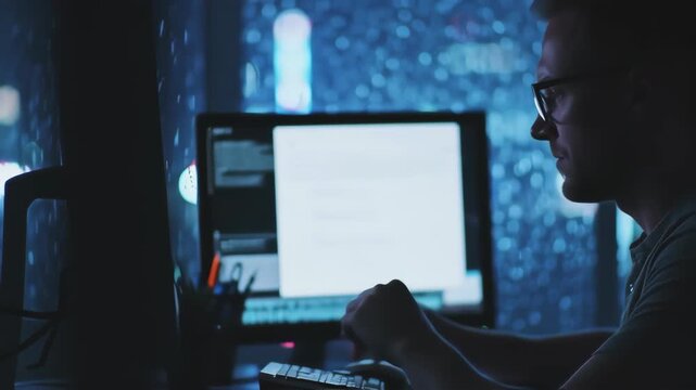 Man Working on Computers in a Dark Room with a Futuristic Aesthetic.