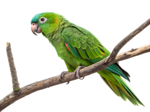 Vibrant green parrot perched on a branch against a black background