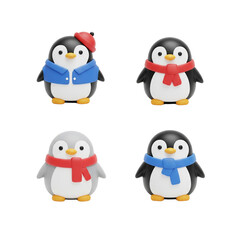 Fototapeta premium Four adorable cartoon penguins dressed for winter