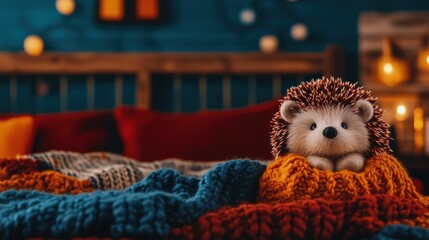 Cute hedgehog plush toy nestled in colorful knitted blankets in cozy room