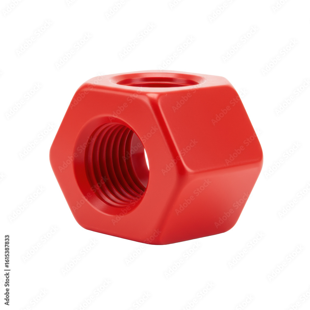 Poster large smooth molded plastic bright primary red toy nut with chunky threading and a matte surface, pr