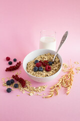 Bowl of oat flake, berries and glass of milk on a pink background. Location vertical.