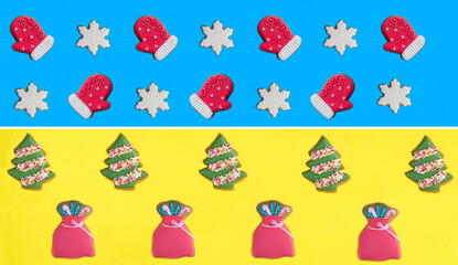 Collage of Christmas gingerbread on the blue and yellow background. Pattern. Flat lay.