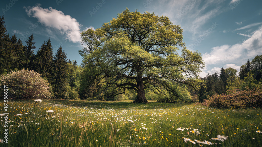 Poster a large tree stands in a field of wildflowers with a forest in the background