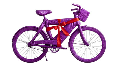 Purple bicycle gift with red ribbon isolated on white background for holiday present and special occasion on transparent background