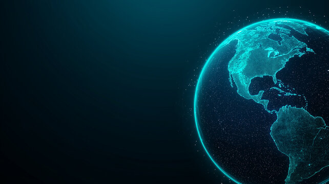 Digital illustration of Earth glowing in space, highlighting North America with futuristic and technological feel, symbolizing global communication and connectivity