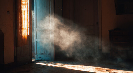 Vintage room filled with smoke and floating dust, soft sunlight creating a hazy antique atmosphere inside an old house