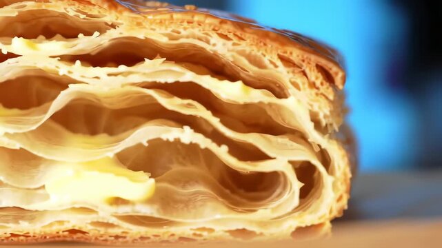 Close-up of a golden-brown, flaky pastry in cross-section, revealing multiple delicate layers with subtle yellow filling
