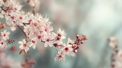 Obraz premium Sakura Blossom in Soft Focus: Delicate cherry blossoms bloom in soft focus, their pastel pink petals and intricate details highlighted against a dreamy background.