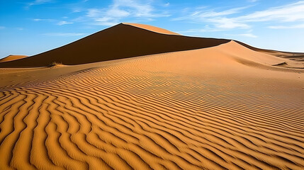 Vast desert dune landscape under a vibrant blue sky.  Rippled sand patterns stretch across the foreground, leading to a towering dune in the background