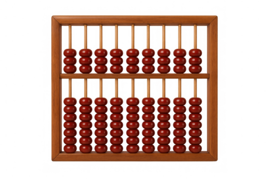 Vintage wooden abacus displaying red beads against transparent surface, representing historical mathematical learning and ornamental design