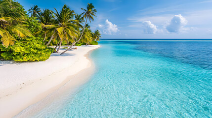 Fototapeta premium Pristine white sand beach meets turquoise water, fringed by lush tropical palms under a vibrant blue sky. Tranquil paradise
