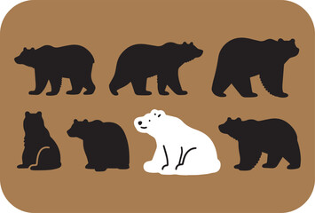 Obraz premium A charming illustration featuring a group of black bear silhouettes with one distinct white polar bear sitting amongst them set against a warm brown background