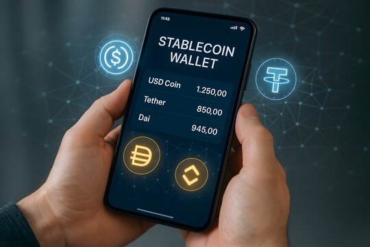 Stablecoin wallet app on phone showing usd coin tether and dai balances