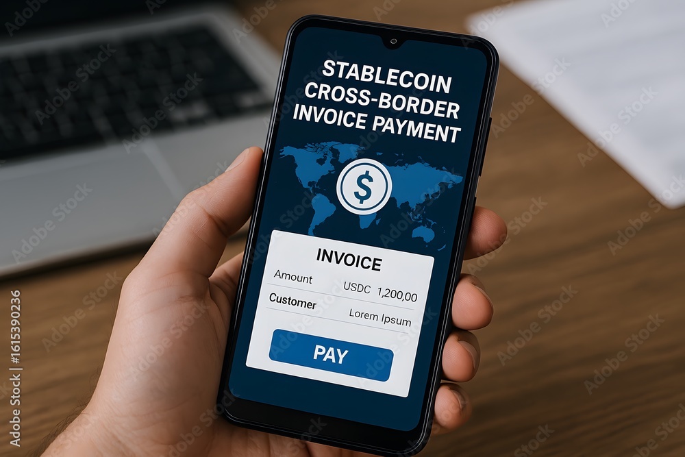 Poster stablecoin cross border payment app for invoice on mobile phone in hand view