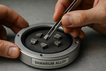 Examining samarium alloy samples with tweezers for material science analysis